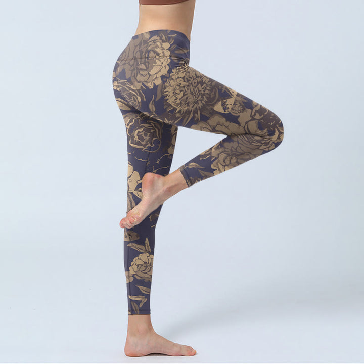 Buddha Stones Leggings de yoga para mujer con estampado de flores, mariposas y hojas en colores retro - image 3