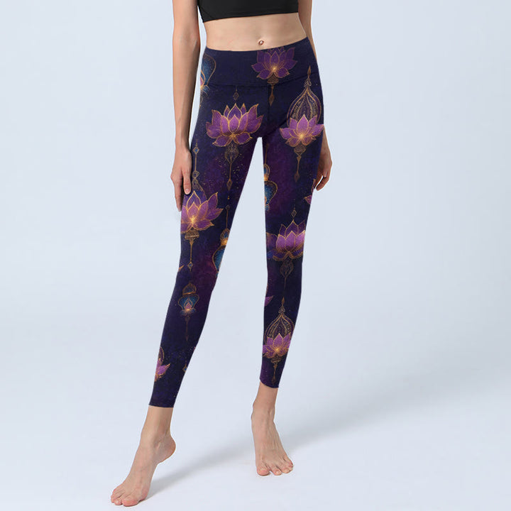 Buddha Stones Leggings de yoga para mujer con estampado de flor de loto y farolillos de ensueño - image 5