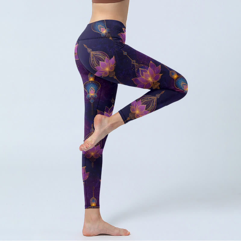 Buddha Stones Leggings de yoga para mujer con estampado de flor de loto y farolillos de ensueño - image 3