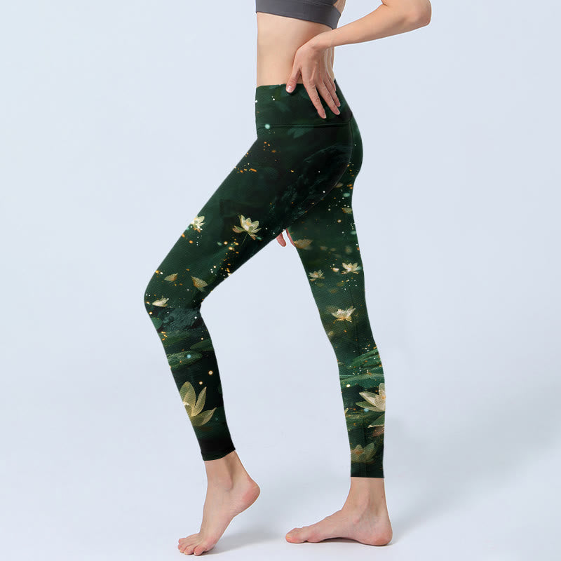 Buddha Stones Leggings deportivos con estampado de hojas y flores de loto de ensueño para mujer - image 2