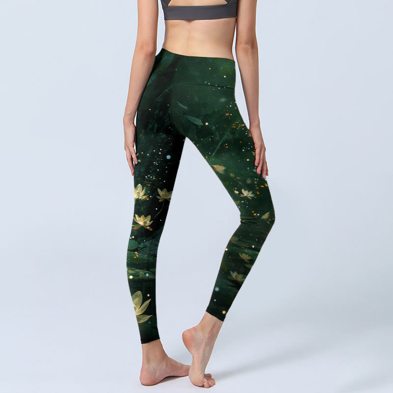 Buddha Stones Leggings deportivos con estampado de hojas y flores de loto de ensueño para mujer - image 4