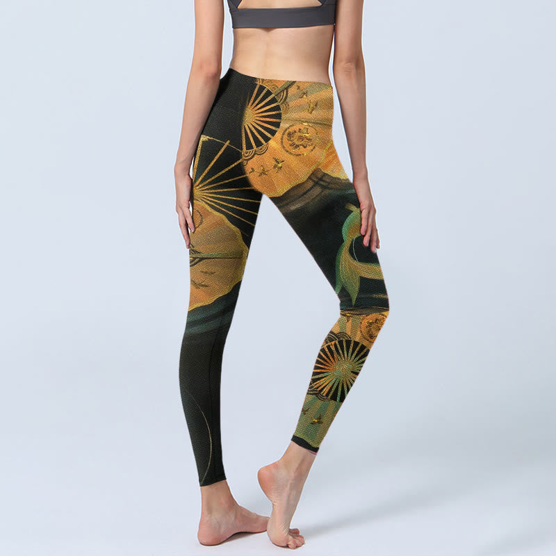 Buddha Stones Leggings de gimnasio con estampado de peces koi y abanico plegable para mujer - image 4