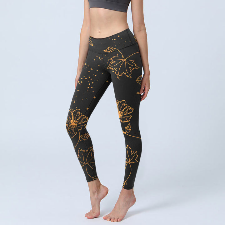 Buddha Stones Leggings de yoga para mujer con estampado minimalista de flores, hojas y estrellas - Negro - US18，UK/AU22，EU50 (4XL) - image 0