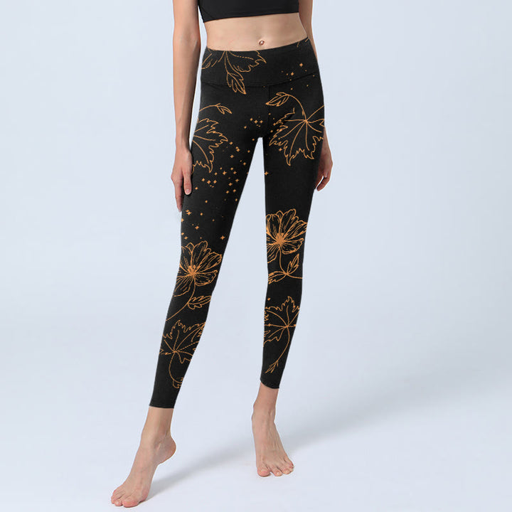 Buddha Stones Leggings de yoga para mujer con estampado minimalista de flores, hojas y estrellas - image 5