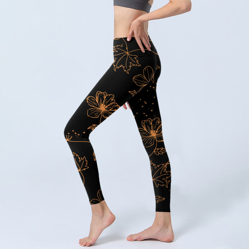 Buddha Stones Leggings de yoga para mujer con estampado minimalista de flores, hojas y estrellas - image 2