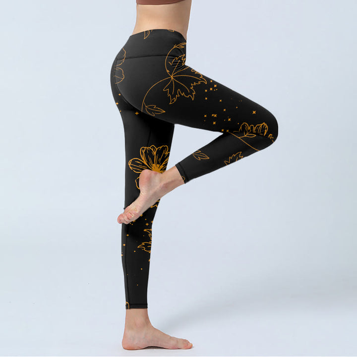 Buddha Stones Leggings de yoga para mujer con estampado minimalista de flores, hojas y estrellas - image 3