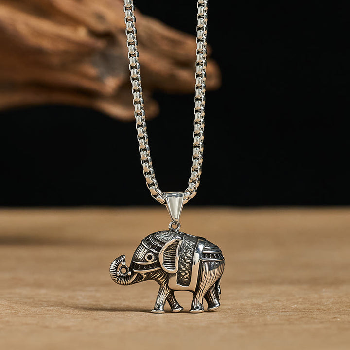 Collar con colgante de elefante de acero de titanio y Buddha Stones - Elefante de acero de titanio plateado - image 0