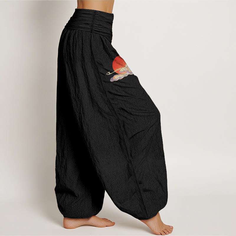 Buddha Stones Pantalones harén de algodón puro con estampado de sol, nube, grulla y pino para mujer, cintura elástica - image 7
