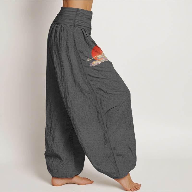 Buddha Stones Pantalones harén de algodón puro con estampado de sol, nube, grulla y pino para mujer, cintura elástica - image 13