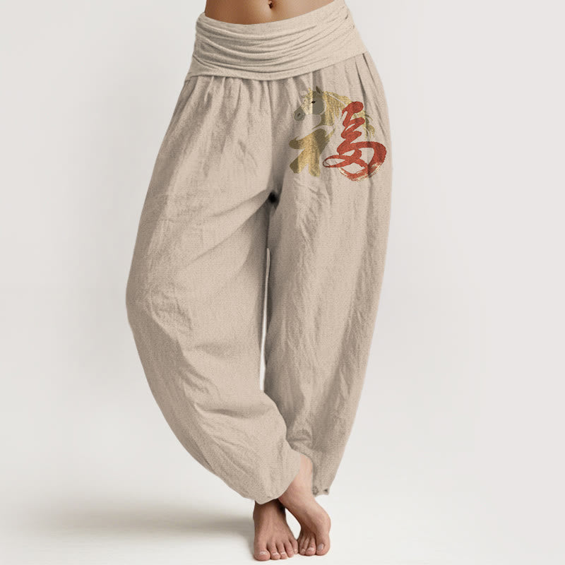 Buddha Stones Pantalones harén de algodón puro con estampado del Año del Caballo Fu para mujer, cintura elástica - Broncearse - US16，UK/AU20，EU48 (3XL) - image 11