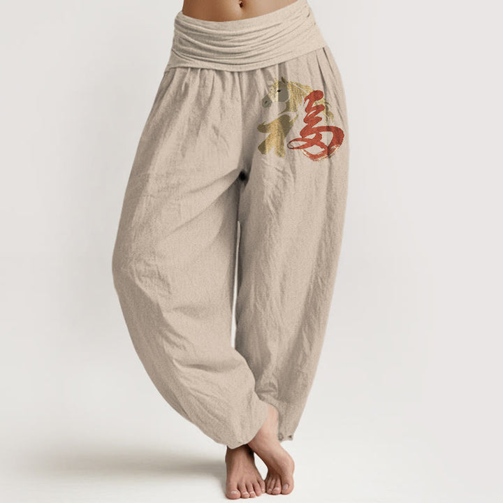 Buddha Stones Pantalones harén de algodón puro con estampado del Año del Caballo Fu para mujer, cintura elástica - Broncearse - US16，UK/AU20，EU48 (3XL) - image 11