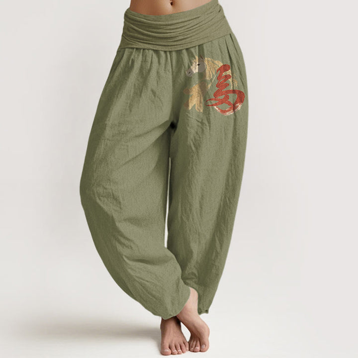 Buddha Stones Pantalones harén de algodón puro con estampado del Año del Caballo Fu para mujer, cintura elástica - Verde oliva - US16，UK/AU20，EU48 (3XL) - image 14
