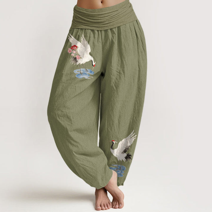 Buddha Stones Pantalones harén de algodón puro con cintura elástica y estampado de flores y nubes para mujer - Verde oliva - US16，UK/AU20，EU48 (3XL) - image 14