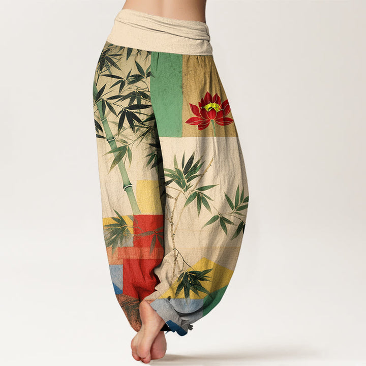 Buddha Stones Pantalones harén de algodón con estampado geométrico de loto y bambú de colores para mujer, cintura elástica - image 1