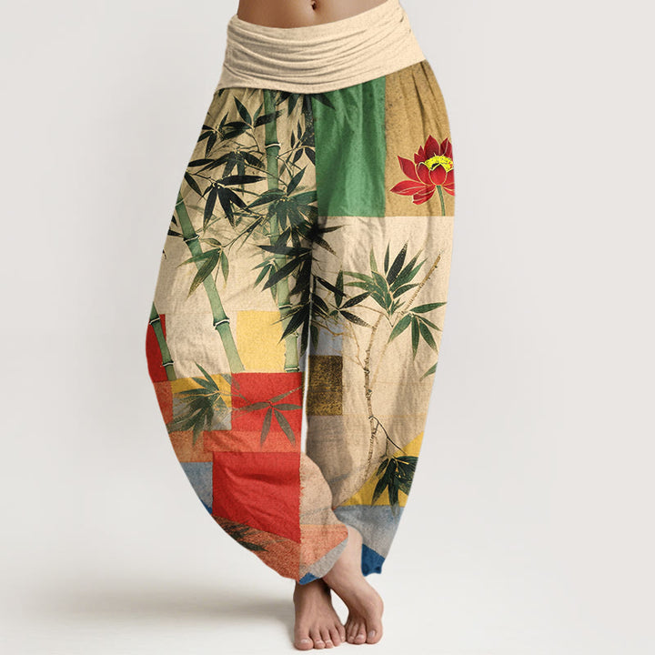 Buddha Stones Pantalones harén de algodón con estampado geométrico de loto y bambú de colores para mujer, cintura elástica - LimónChiffon - US16，UK/AU20，EU48 (3XL) - image 0