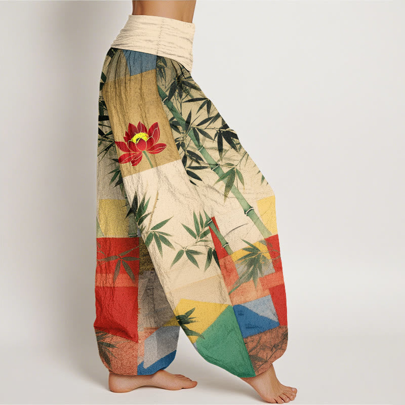 Buddha Stones Pantalones harén de algodón con estampado geométrico de loto y bambú de colores para mujer, cintura elástica - image 2