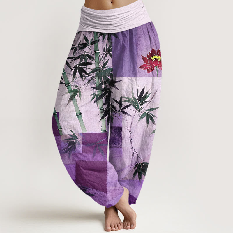 Buddha Stones Pantalones harén de algodón con estampado geométrico de loto y bambú de colores para mujer, cintura elástica - Morado medio - US16，UK/AU20，EU48 (3XL) - image 5