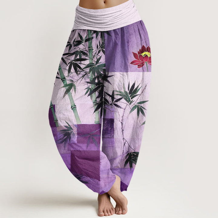 Buddha Stones Pantalones harén de algodón con estampado geométrico de loto y bambú de colores para mujer, cintura elástica - Morado medio - US16，UK/AU20，EU48 (3XL) - image 5