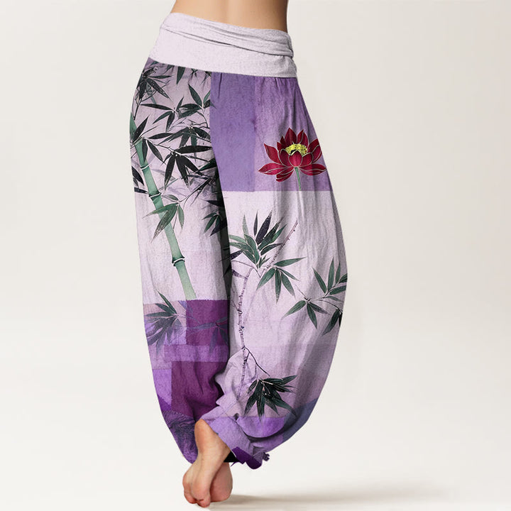Buddha Stones Pantalones harén de algodón con estampado geométrico de loto y bambú de colores para mujer, cintura elástica - image 6