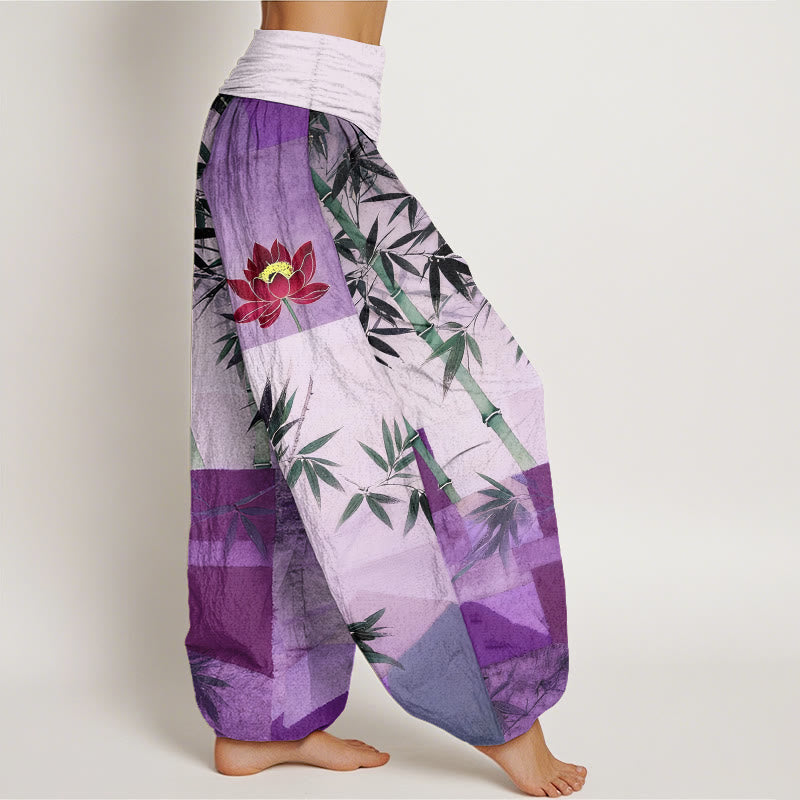 Buddha Stones Pantalones harén de algodón con estampado geométrico de loto y bambú de colores para mujer, cintura elástica - image 7