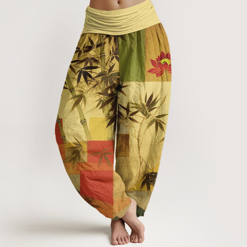 Buddha Stones Pantalones harén de algodón con estampado geométrico de loto y bambú de colores para mujer, cintura elástica - Caqui - US16，UK/AU20，EU48 (3XL) - image 8