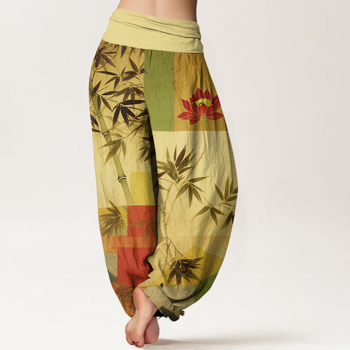 Buddha Stones Pantalones harén de algodón con estampado geométrico de loto y bambú de colores para mujer, cintura elástica - image 9