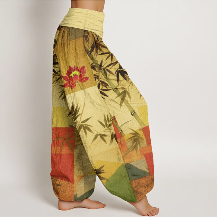 Buddha Stones Pantalones harén de algodón con estampado geométrico de loto y bambú de colores para mujer, cintura elástica - image 10