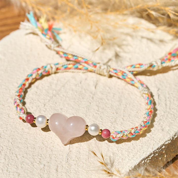 Pulsera de amor y calidez con cuerda trenzada de cristal rosa y diseño de corazón de Buddha Stones - image 3