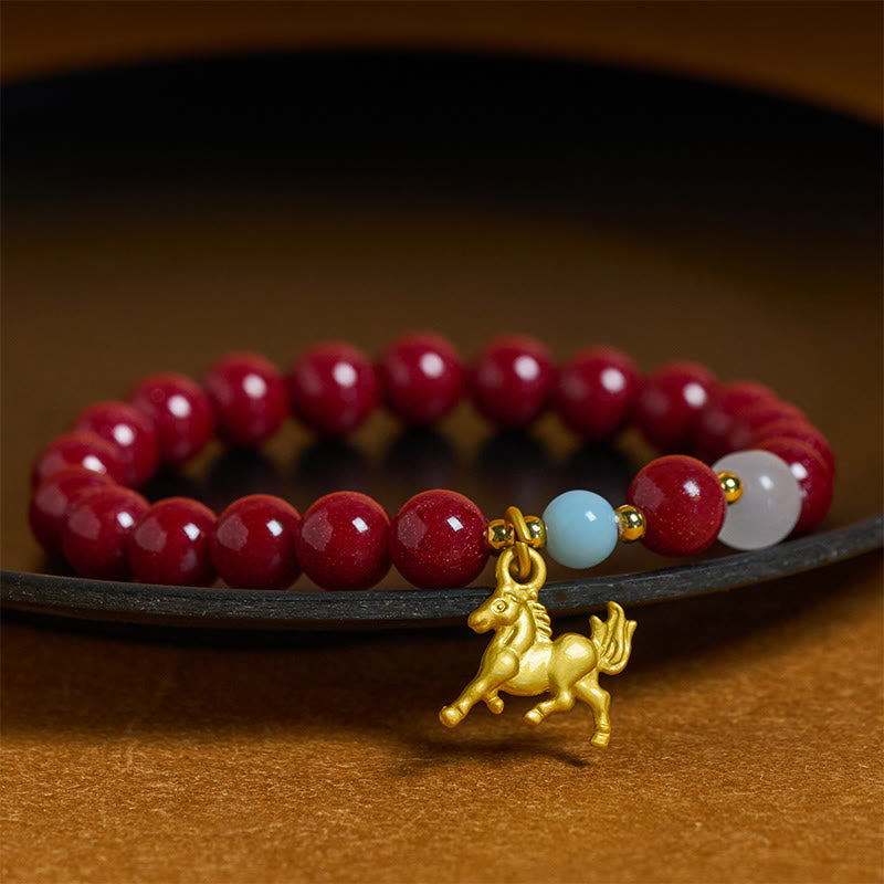 Pulsera con bendición de cinabrio y dije de caballo corriendo del Año del Caballo con Buddha Stones - 10 mm - Cinabrio (circunferencia de la muñeca: 14-16 cm) - image 0