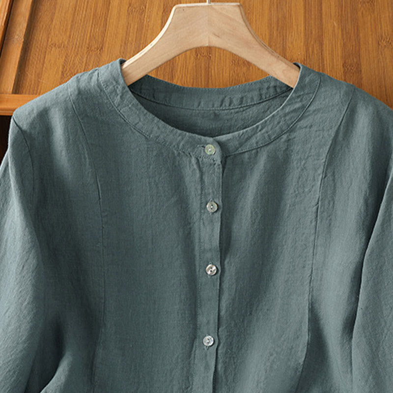 Buddha Stones Camisa de algodón con botones y manga larga para mujer, diseño liso y patchwork, para el viaje de otoño - image 20