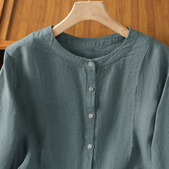 Buddha Stones Camisa de algodón con botones y manga larga para mujer, diseño liso y patchwork, para el viaje de otoño - image 20