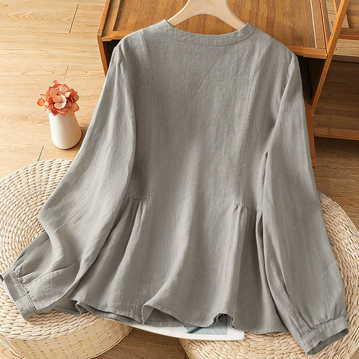 Buddha Stones Camisa de algodón con botones y manga larga para mujer, diseño liso y patchwork, para el viaje de otoño - image 10