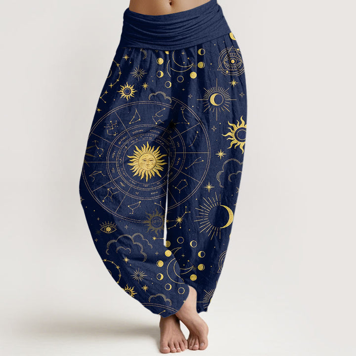 Buddha Stones Pantalones harén de algodón con cintura elástica para mujer, con estampado de sol, luna, estrellas y nubes - Marina de guerra - US16，UK/AU20，EU48 (3XL) - image 0