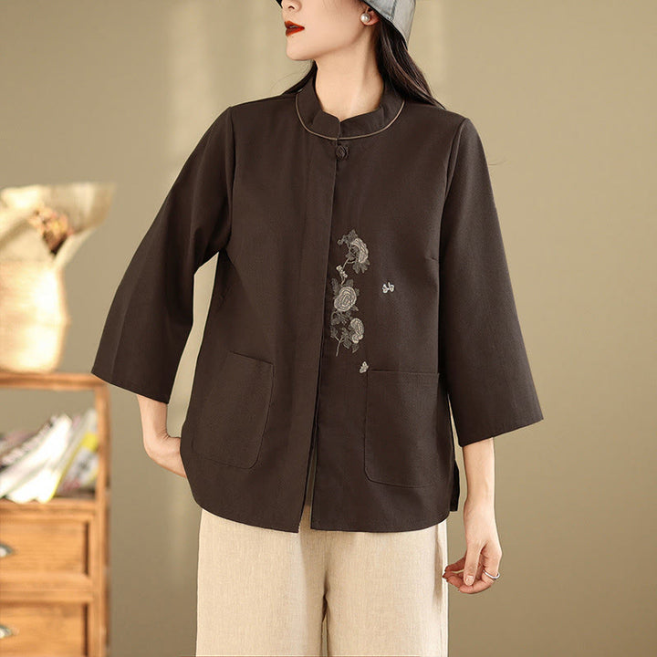 Buddha Stones Camisa de algodón para mujer con mangas tres cuartos y estampado floral bordado Commute con bolsillos - image 0