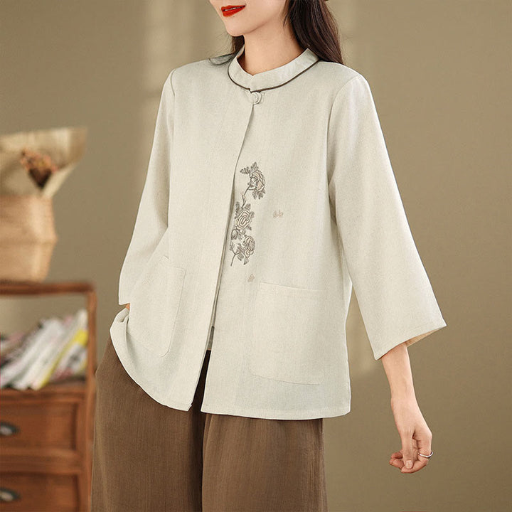 Buddha Stones Camisa de algodón para mujer con mangas tres cuartos y estampado floral bordado Commute con bolsillos - Lino - US8-10，UK/AU12-14，EU40-42 (2XL) - image 7