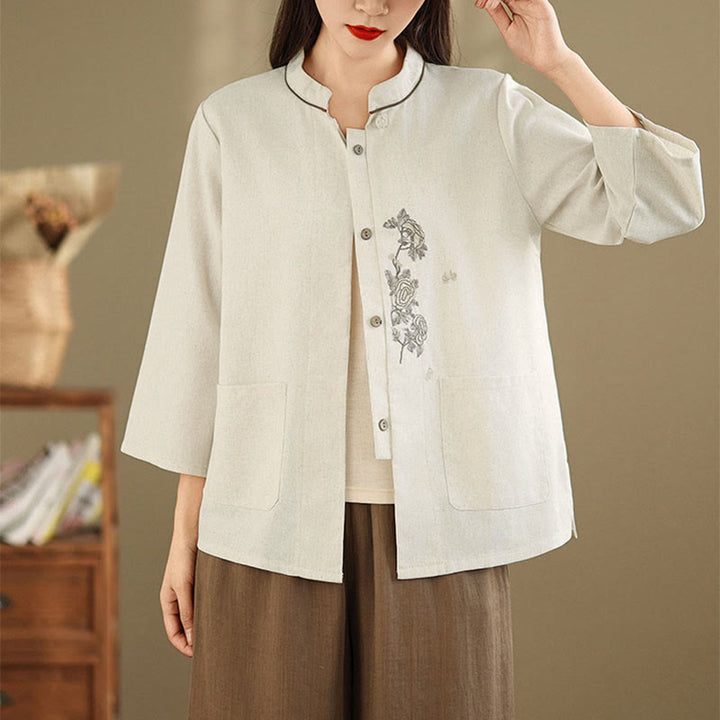 Buddha Stones Camisa de algodón para mujer con mangas tres cuartos y estampado floral bordado Commute con bolsillos - image 9