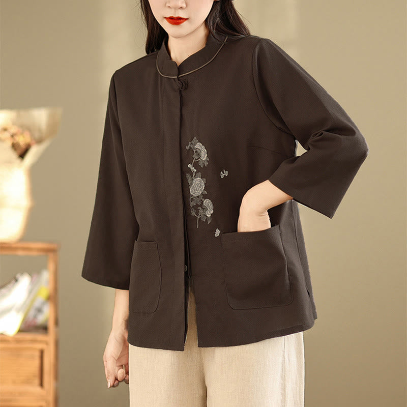 Buddha Stones Camisa de algodón para mujer con mangas tres cuartos y estampado floral bordado Commute con bolsillos - image 3