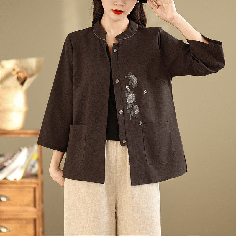 Buddha Stones Camisa de algodón para mujer con mangas tres cuartos y estampado floral bordado Commute con bolsillos - SaddleBrown - US8-10，UK/AU12-14，EU40-42 (2XL) - image 1