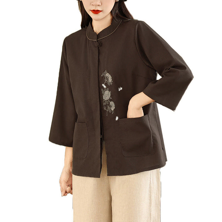 Buddha Stones Camisa de algodón para mujer con mangas tres cuartos y estampado floral bordado Commute con bolsillos - image 6