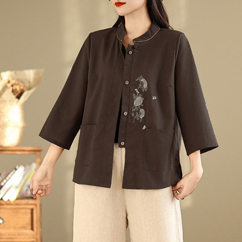 Buddha Stones Camisa de algodón para mujer con mangas tres cuartos y estampado floral bordado Commute con bolsillos - image 4