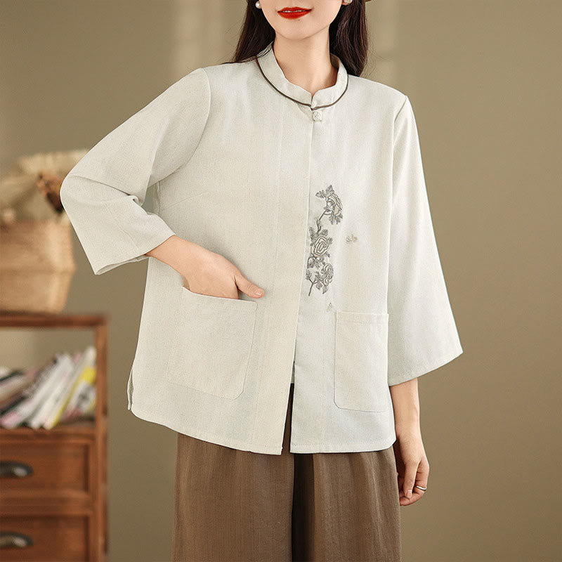 Buddha Stones Camisa de algodón para mujer con mangas tres cuartos y estampado floral bordado Commute con bolsillos - image 10