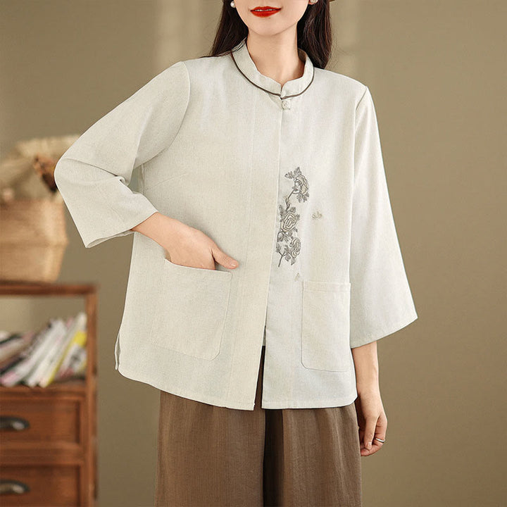 Buddha Stones Camisa de algodón para mujer con mangas tres cuartos y estampado floral bordado Commute con bolsillos - image 10