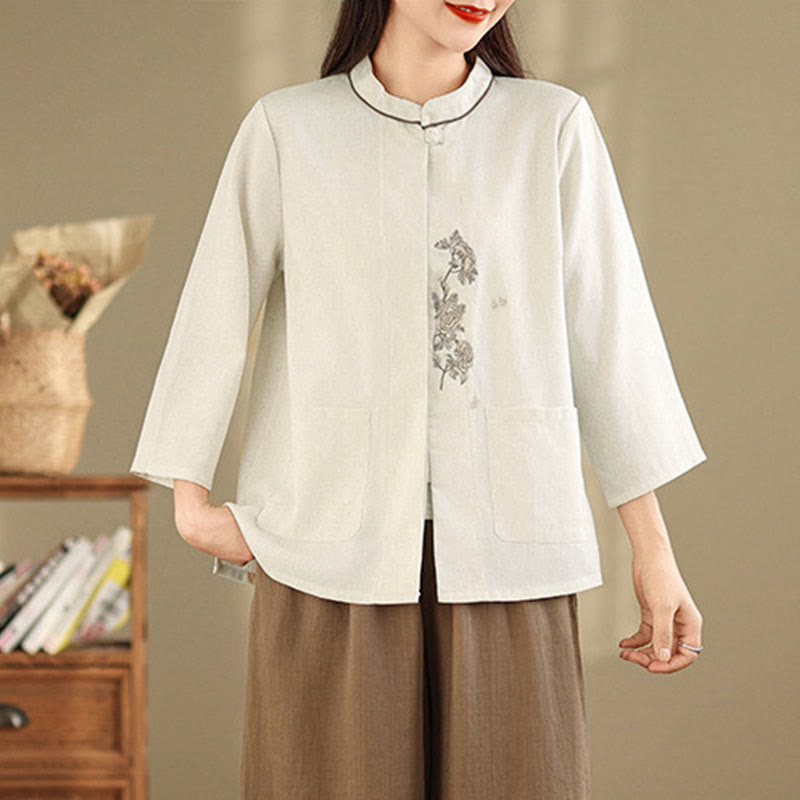 Buddha Stones Camisa de algodón para mujer con mangas tres cuartos y estampado floral bordado Commute con bolsillos - image 8