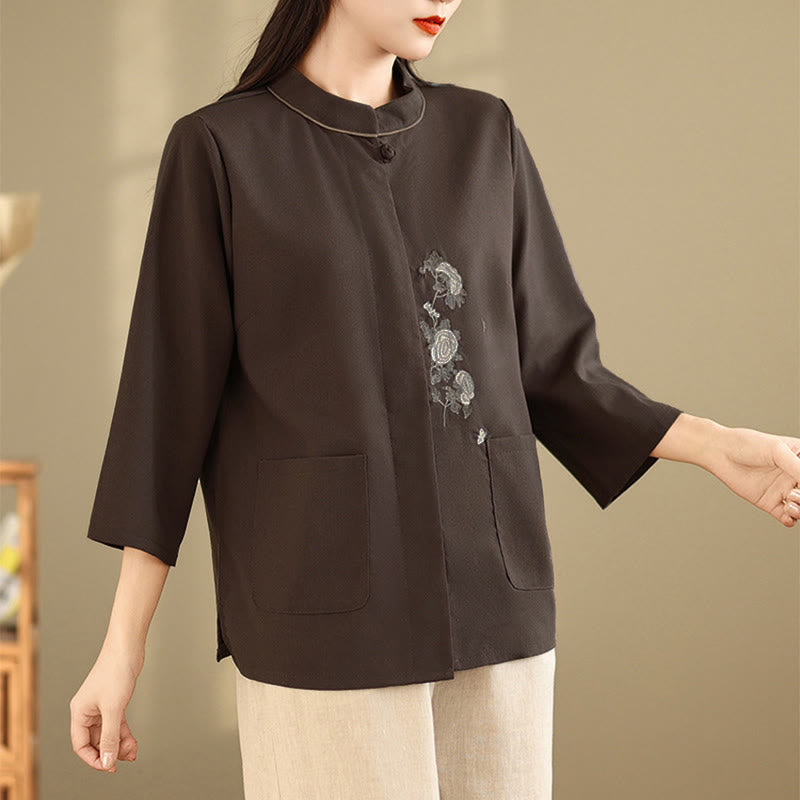 Buddha Stones Camisa de algodón para mujer con mangas tres cuartos y estampado floral bordado Commute con bolsillos - image 2