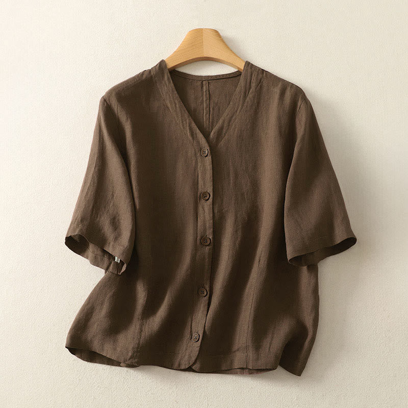 Buddha Stones Camisa de manga corta para mujer, de verano, color liso, con cuello en V y botones, diseño sencillo - SaddleBrown - US8-10，UK/AU12-14，EU40-42 (2XL) - image 18