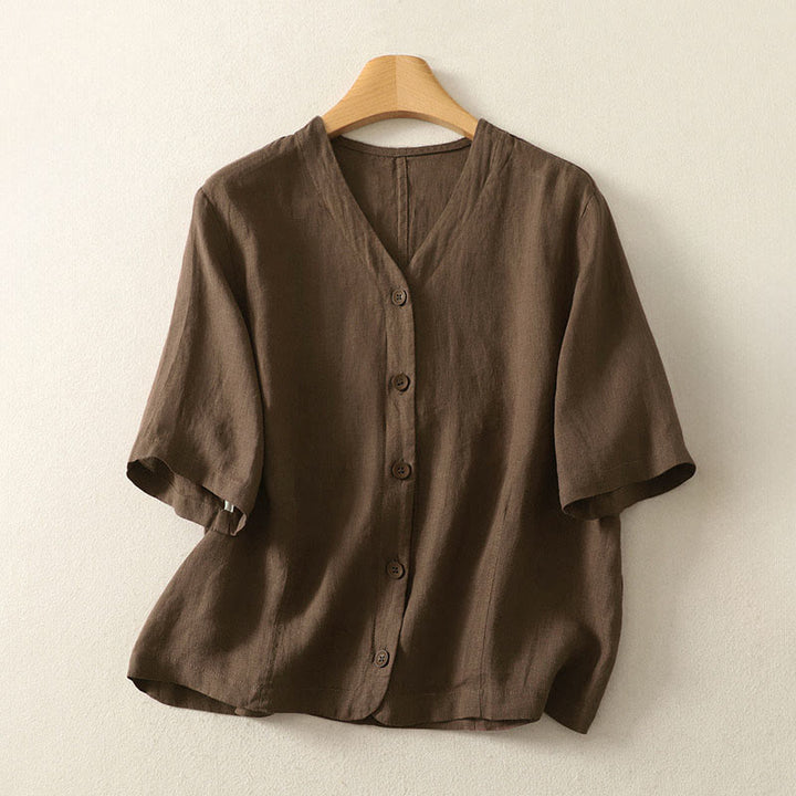 Buddha Stones Camisa de manga corta para mujer, de verano, color liso, con cuello en V y botones, diseño sencillo - SaddleBrown - US8-10，UK/AU12-14，EU40-42 (2XL) - image 18