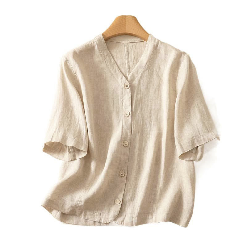 Buddha Stones Camisa de manga corta para mujer, de verano, color liso, con cuello en V y botones, diseño sencillo - image 13
