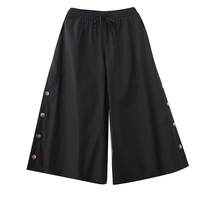 Buddha Stones Pantalones capri de pierna ancha para mujer con diseño abotonado lateral liso y bolsillos - image 9