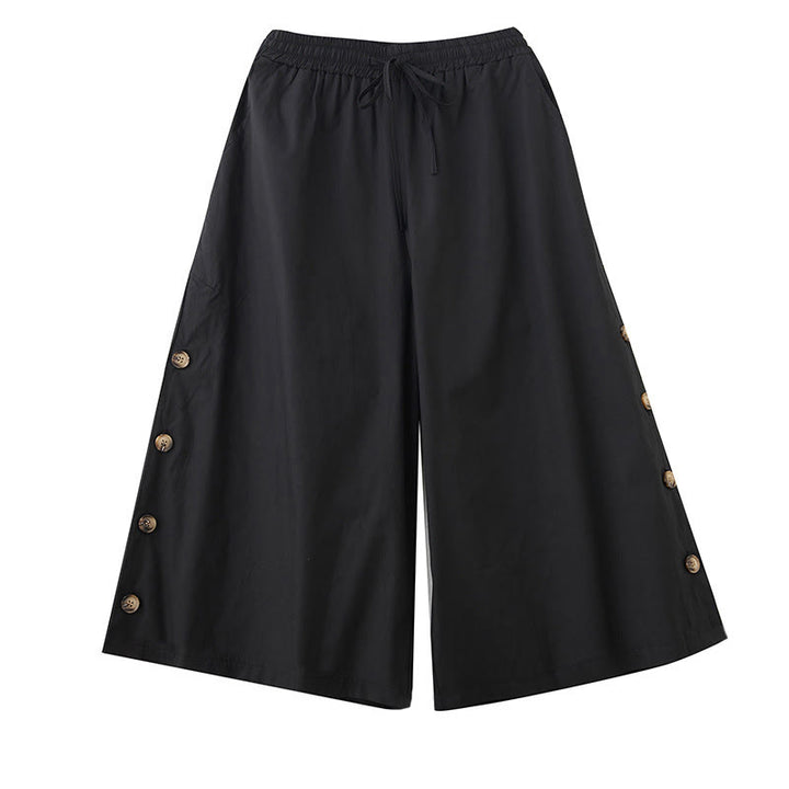 Buddha Stones Pantalones capri de pierna ancha para mujer con diseño abotonado lateral liso y bolsillos - image 9