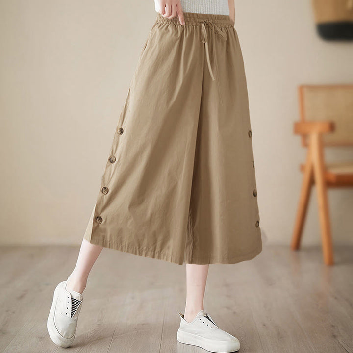 Buddha Stones Pantalones capri de pierna ancha para mujer con diseño abotonado lateral liso y bolsillos - image 16